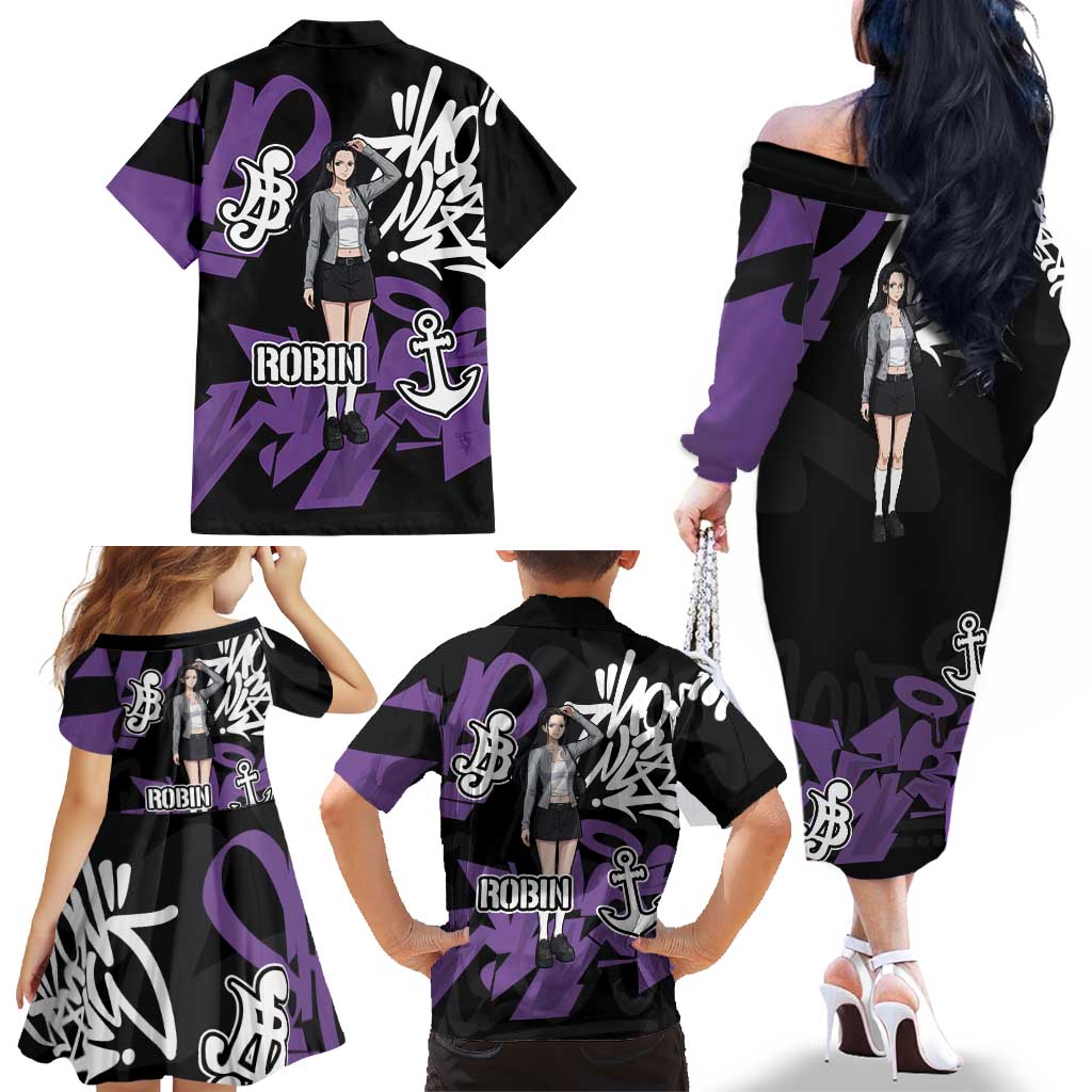 Nico Robin One Piece Family Matching Off The Shoulder Long Sleeve Dress and Hawaiian Shirt Graffiti Street Art Anime Collage