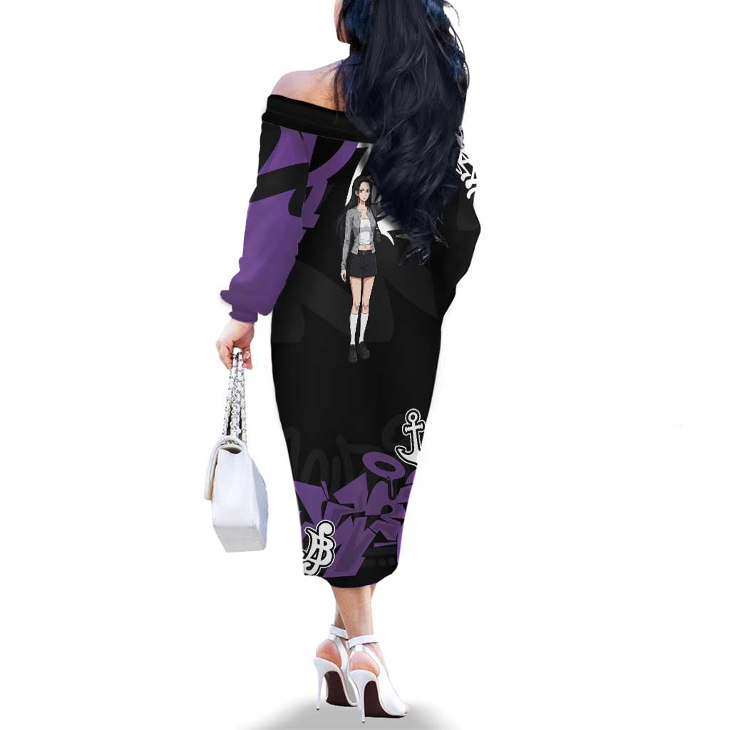 Nico Robin One Piece Family Matching Off The Shoulder Long Sleeve Dress and Hawaiian Shirt Graffiti Street Art Anime Collage