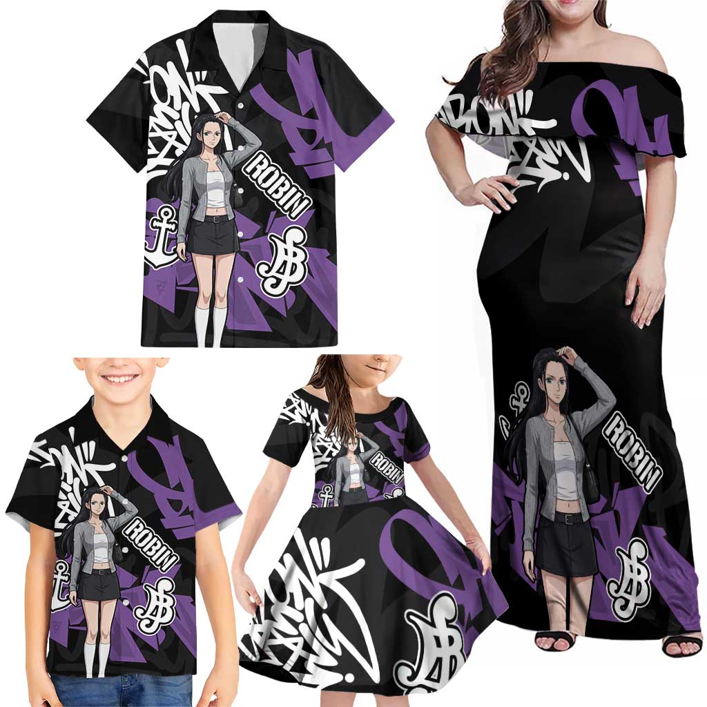 Nico Robin One Piece Family Matching Off Shoulder Maxi Dress and Hawaiian Shirt Graffiti Street Art Anime Collage