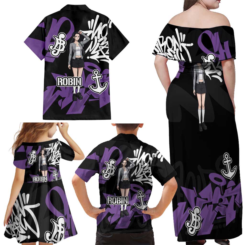 Nico Robin One Piece Family Matching Off Shoulder Maxi Dress and Hawaiian Shirt Graffiti Street Art Anime Collage
