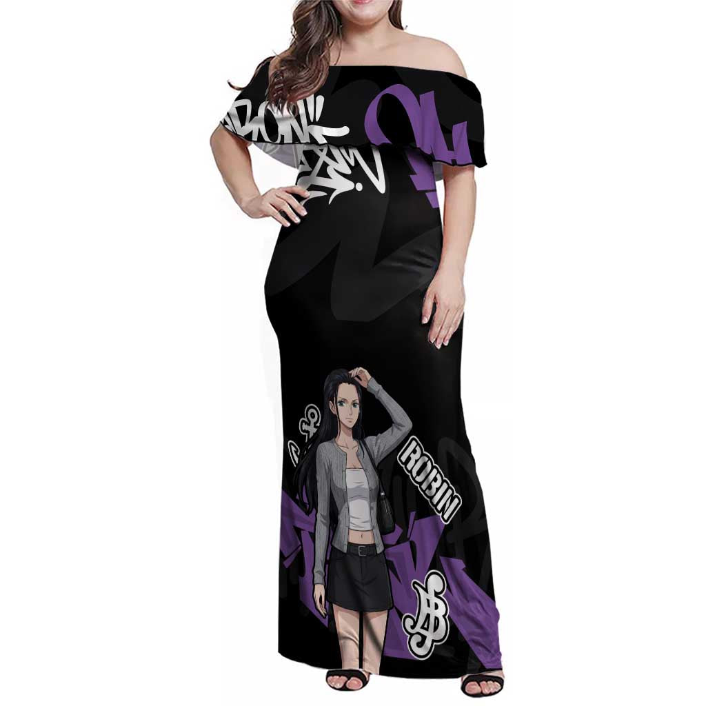 Nico Robin One Piece Family Matching Off Shoulder Maxi Dress and Hawaiian Shirt Graffiti Street Art Anime Collage