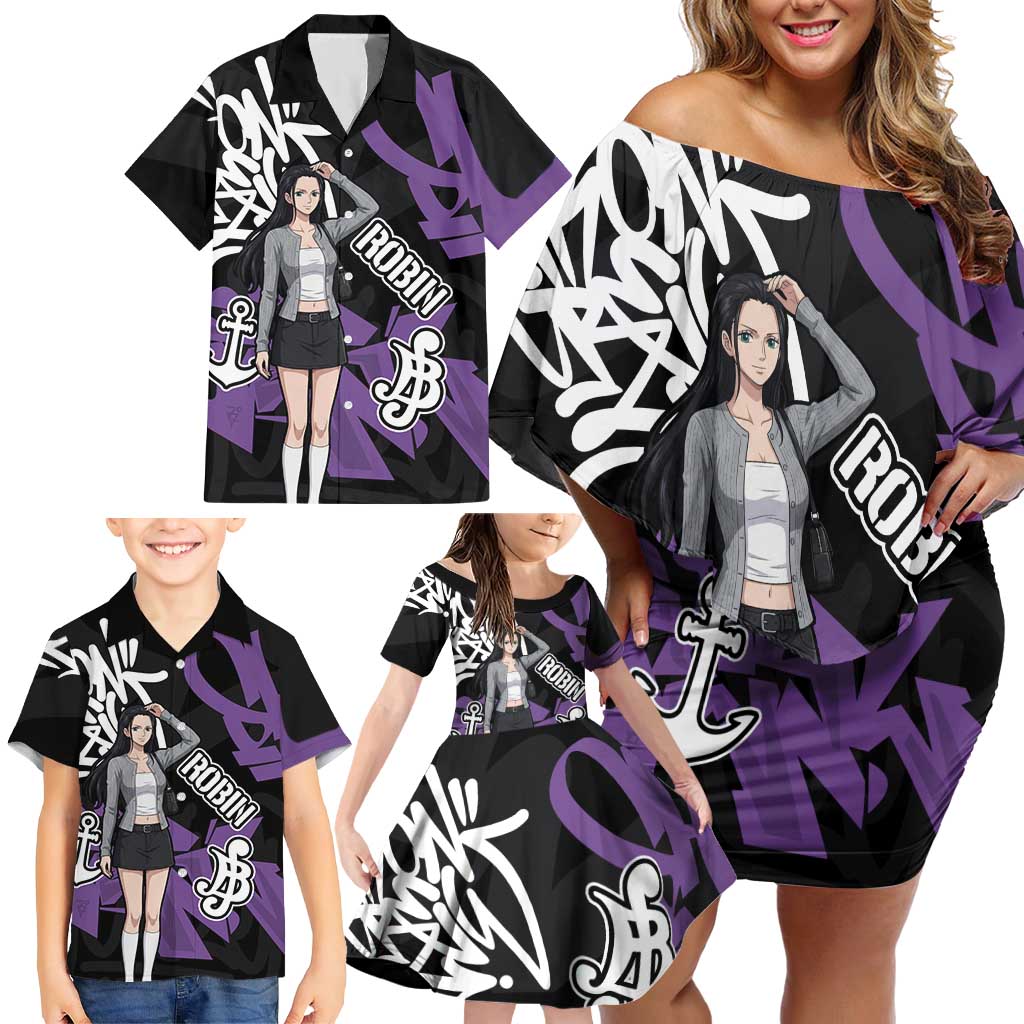 Nico Robin One Piece Family Matching Off Shoulder Short Dress and Hawaiian Shirt Graffiti Street Art Anime Collage