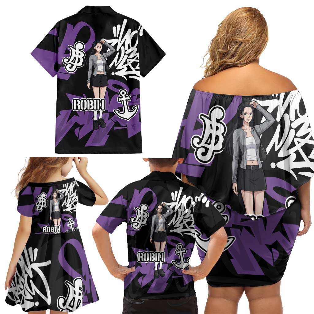 Nico Robin One Piece Family Matching Off Shoulder Short Dress and Hawaiian Shirt Graffiti Street Art Anime Collage