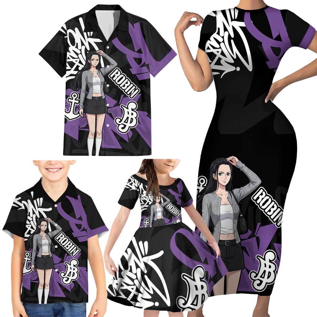 Nico Robin One Piece Family Matching Short Sleeve Bodycon Dress and Hawaiian Shirt Graffiti Street Art Anime Collage