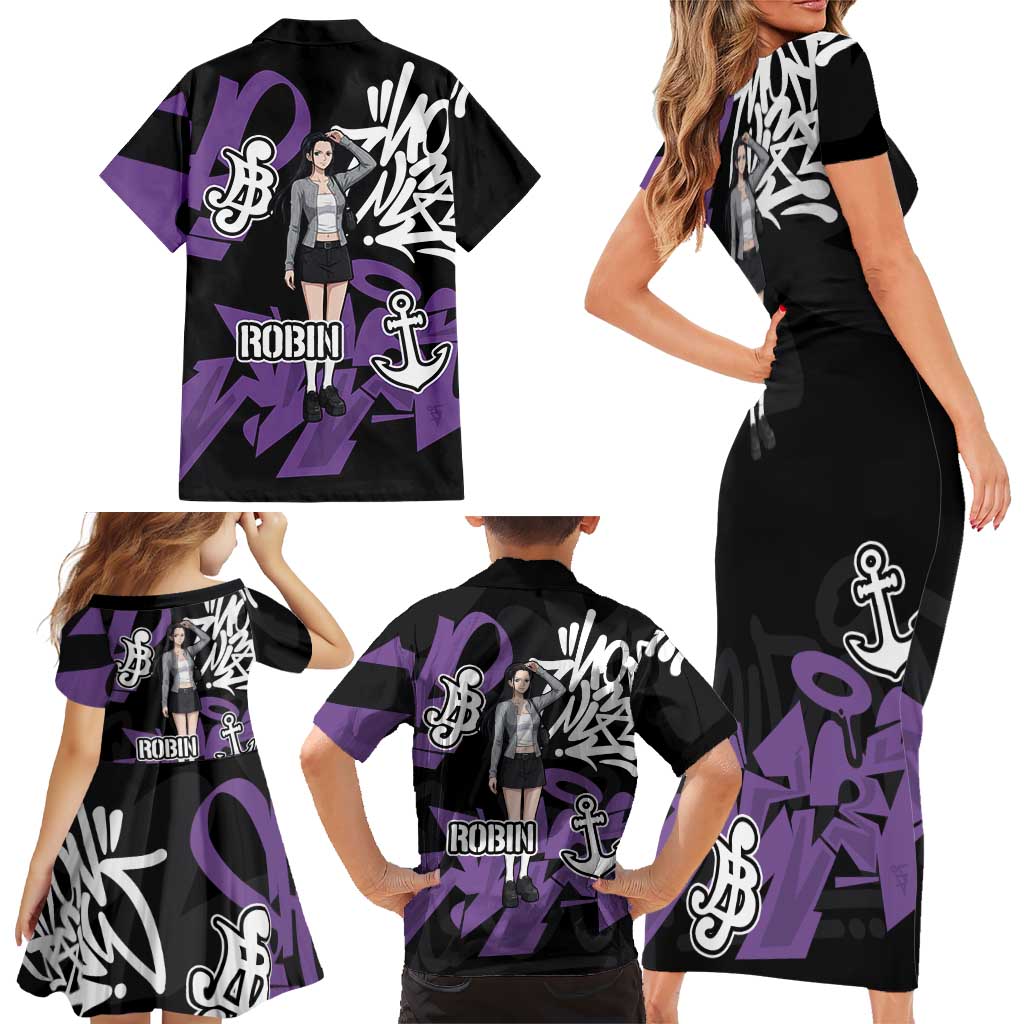 Nico Robin One Piece Family Matching Short Sleeve Bodycon Dress and Hawaiian Shirt Graffiti Street Art Anime Collage