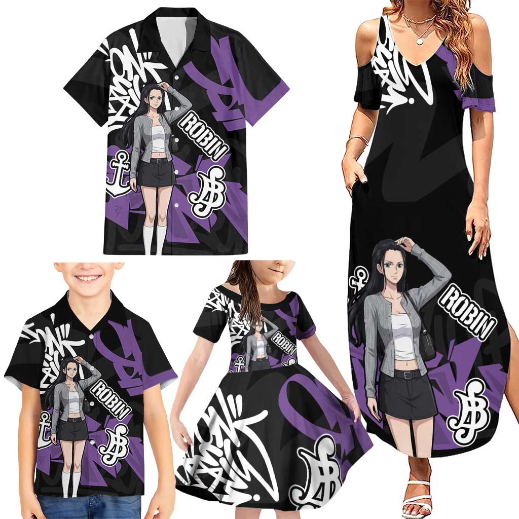 Nico Robin One Piece Family Matching Summer Maxi Dress and Hawaiian Shirt Graffiti Street Art Anime Collage