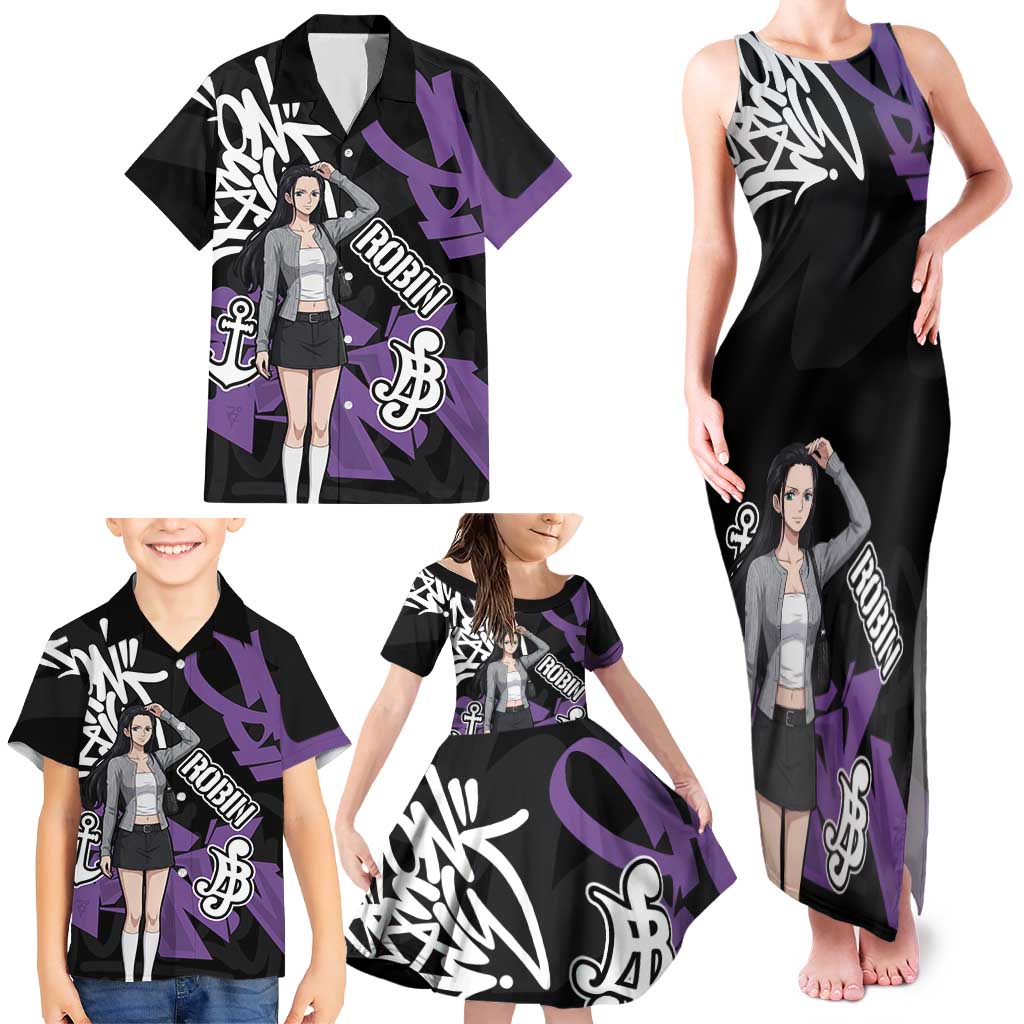 Nico Robin One Piece Family Matching Tank Maxi Dress and Hawaiian Shirt Graffiti Street Art Anime Collage