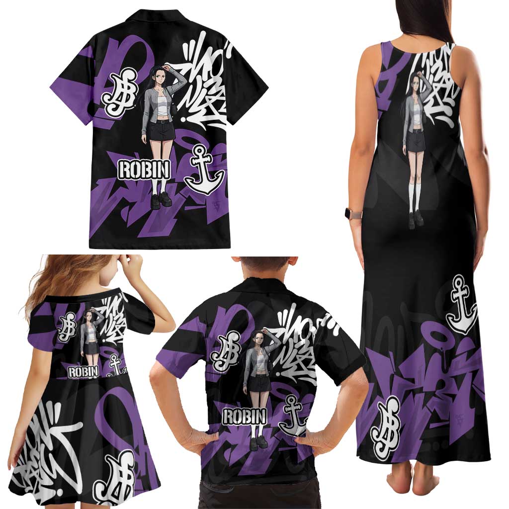 Nico Robin One Piece Family Matching Tank Maxi Dress and Hawaiian Shirt Graffiti Street Art Anime Collage