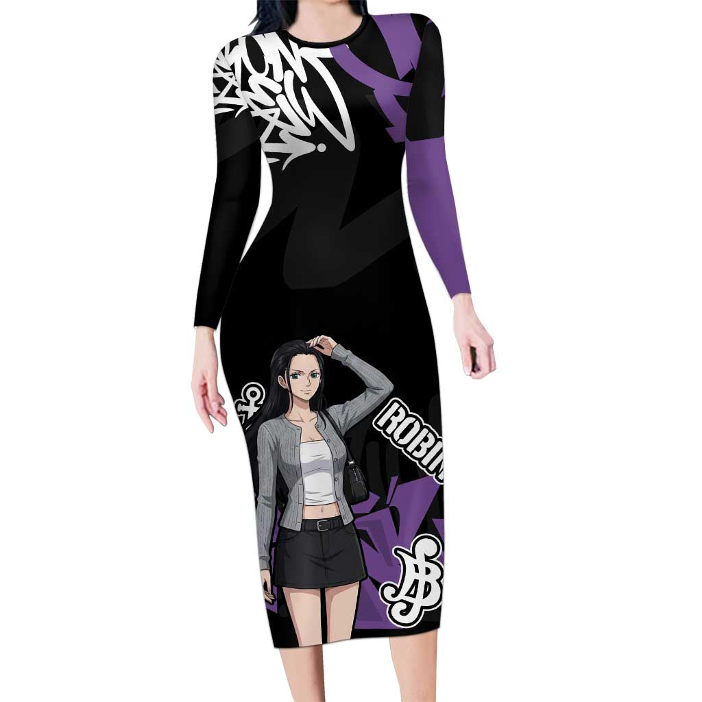 Nico Robin One Piece Long Sleeve Bodycon Dress Graffiti Street Art Anime Collage
