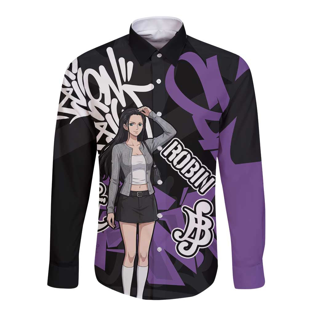 Nico Robin One Piece Long Sleeve Button Shirt Graffiti Street Art Anime Collage