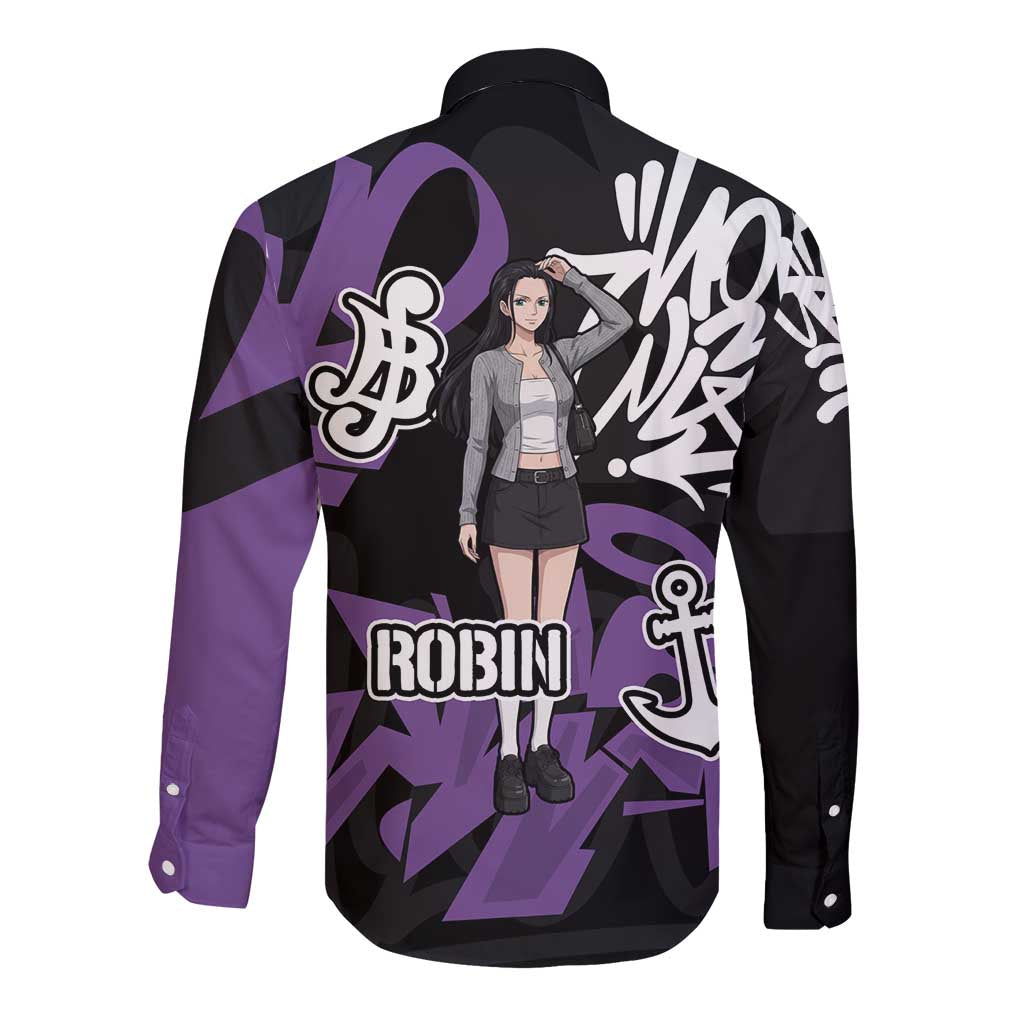Nico Robin One Piece Long Sleeve Button Shirt Graffiti Street Art Anime Collage