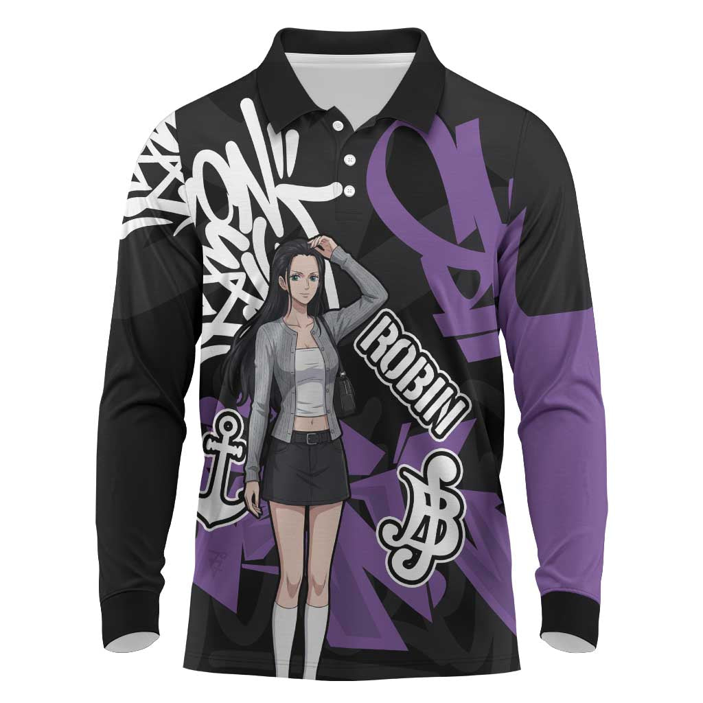 Nico Robin One Piece Long Sleeve Polo Shirt Graffiti Street Art Anime Collage