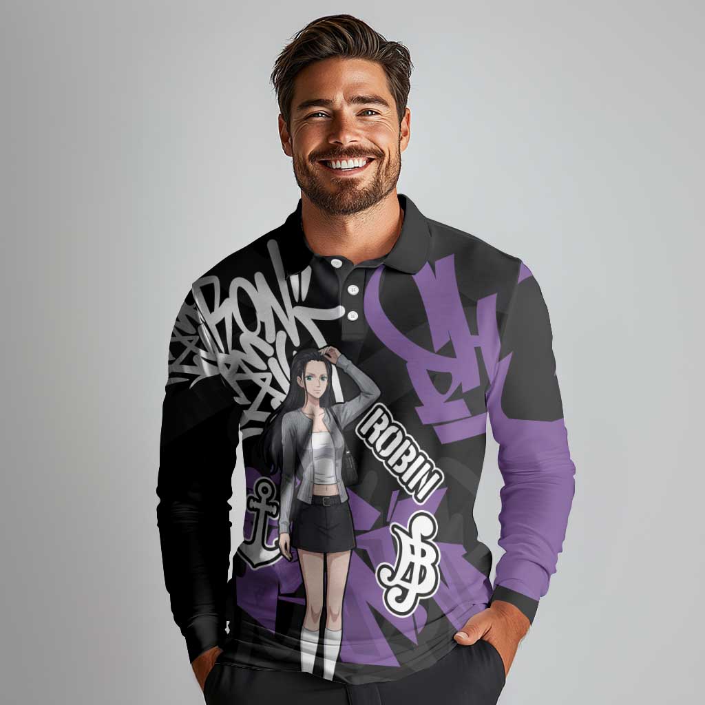 Nico Robin One Piece Long Sleeve Polo Shirt Graffiti Street Art Anime Collage