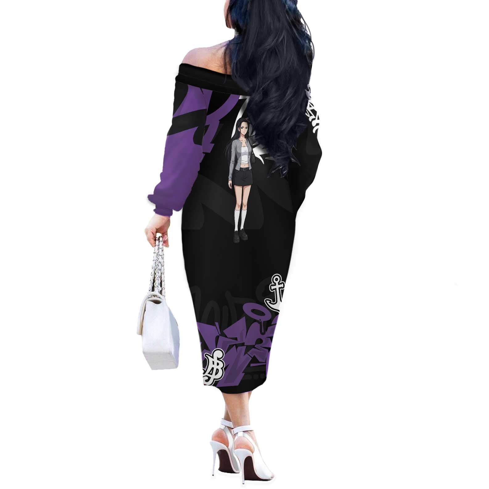 Nico Robin One Piece Off The Shoulder Long Sleeve Dress Graffiti Street Art Anime Collage