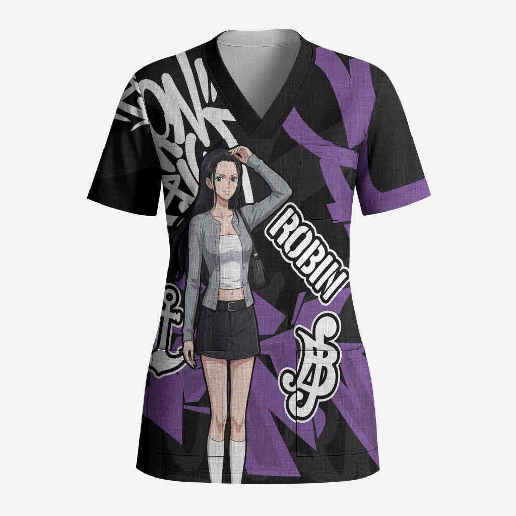 Nico Robin One Piece Scrub Top Graffiti Street Art Anime Collage
