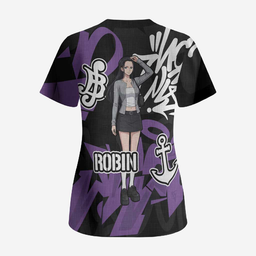 Nico Robin One Piece Scrub Top Graffiti Street Art Anime Collage