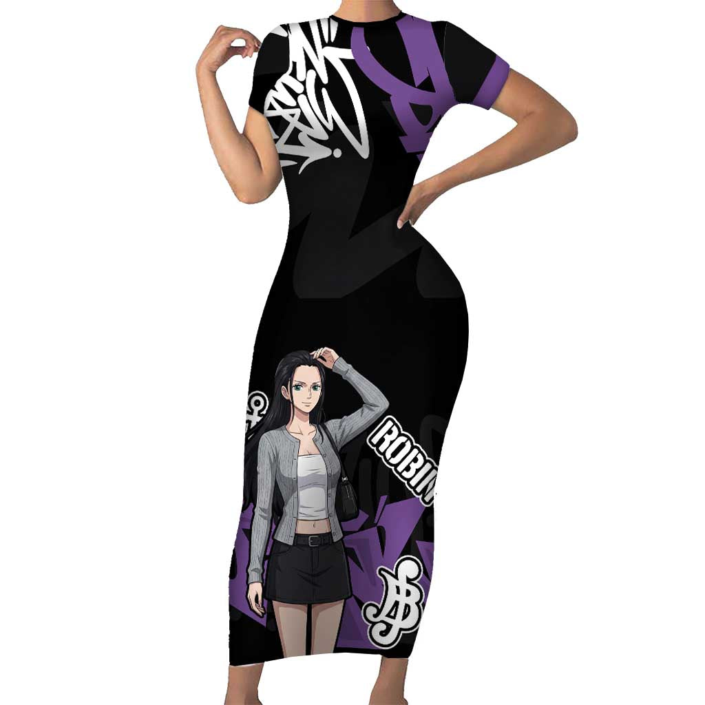 Nico Robin One Piece Short Sleeve Bodycon Dress Graffiti Street Art Anime Collage