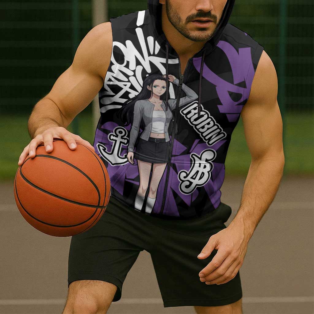 Nico Robin One Piece Sleeveless Zip Hoodie Graffiti Street Art Anime Collage