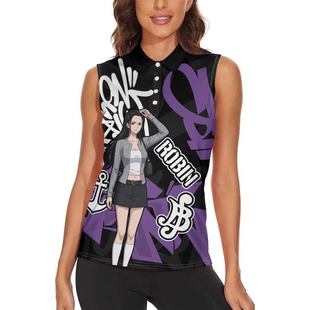 Nico Robin One Piece Women Sleeveless Polo Shirt Graffiti Street Art Anime Collage