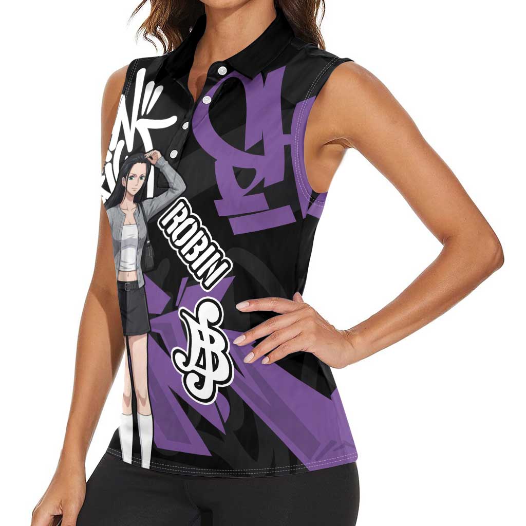 Nico Robin One Piece Women Sleeveless Polo Shirt Graffiti Street Art Anime Collage