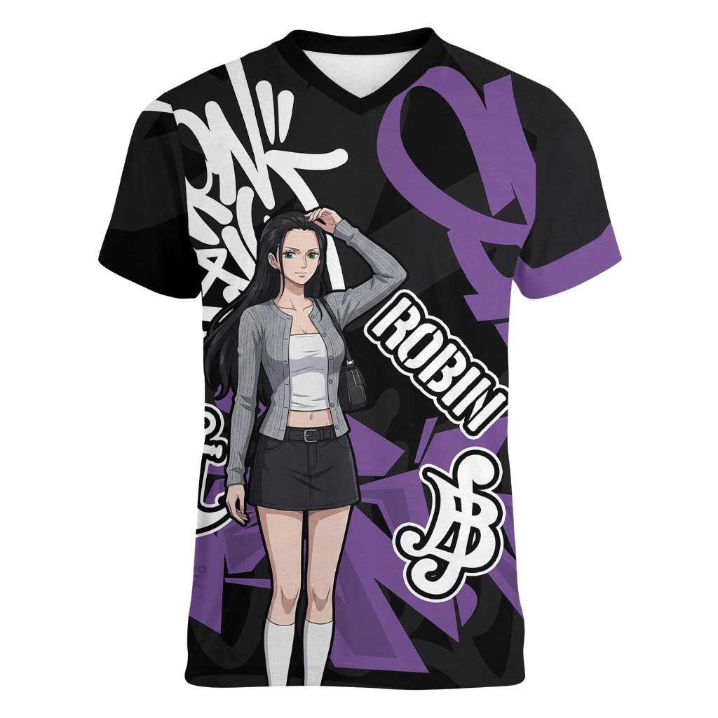 Nico Robin One Piece Women V-Neck T-Shirt Graffiti Street Art Anime Collage