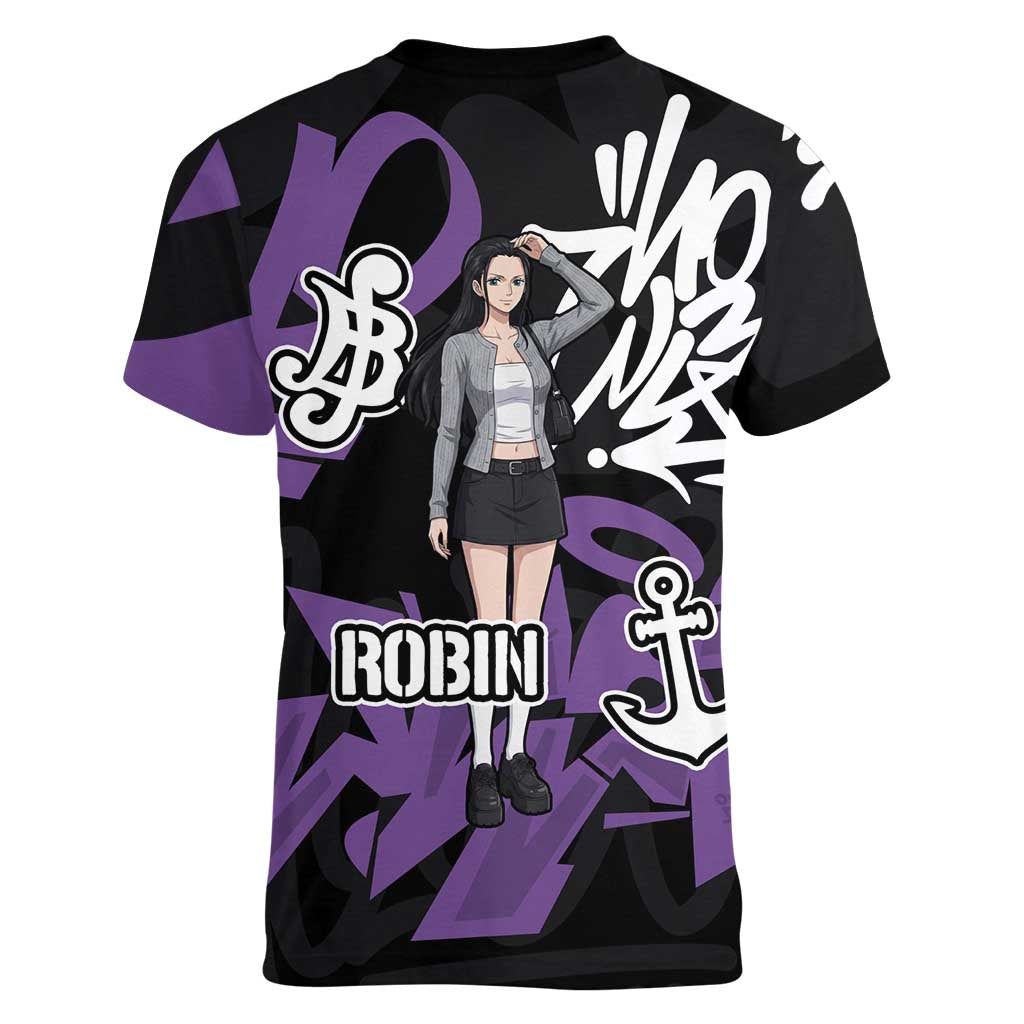 Nico Robin One Piece Women V-Neck T-Shirt Graffiti Street Art Anime Collage