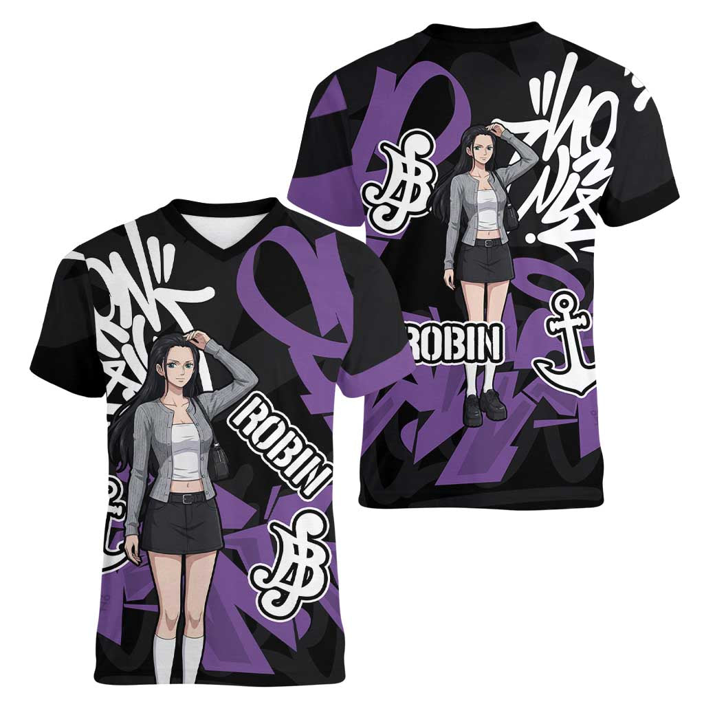 Nico Robin One Piece Women V-Neck T-Shirt Graffiti Street Art Anime Collage