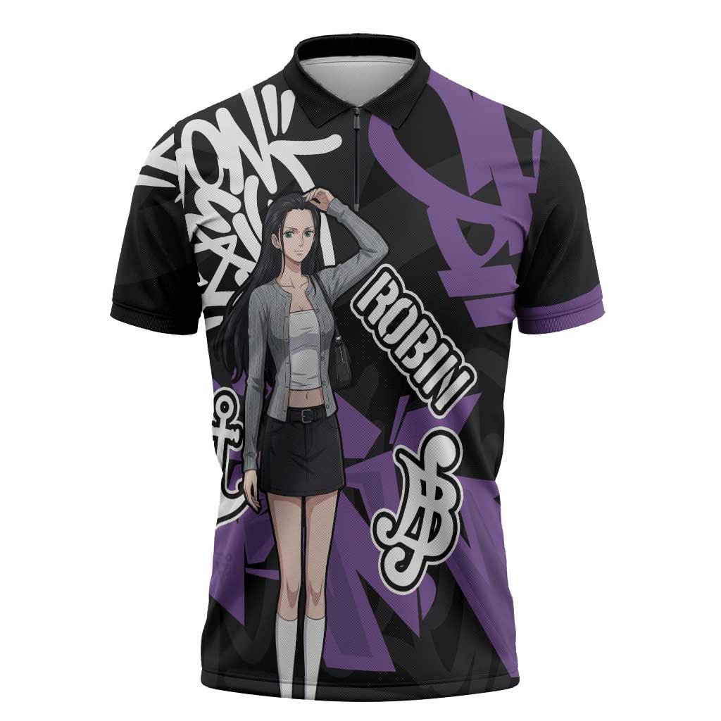 Nico Robin One Piece Zipper Polo Shirt Graffiti Street Art Anime Collage