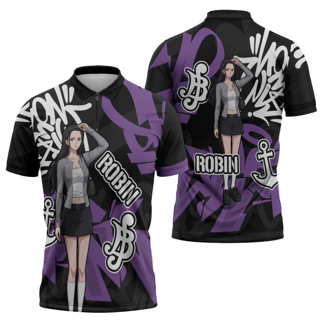 Nico Robin One Piece Zipper Polo Shirt Graffiti Street Art Anime Collage