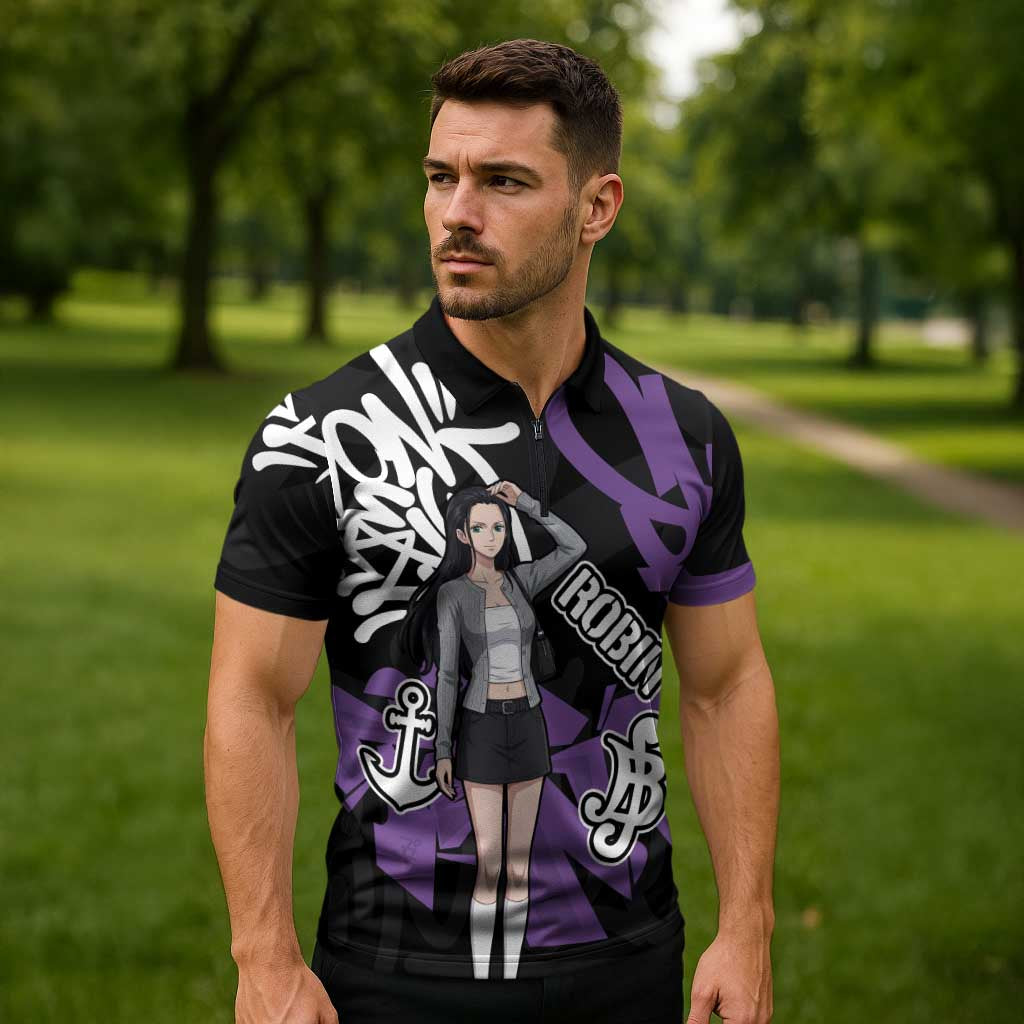 Nico Robin One Piece Zipper Polo Shirt Graffiti Street Art Anime Collage