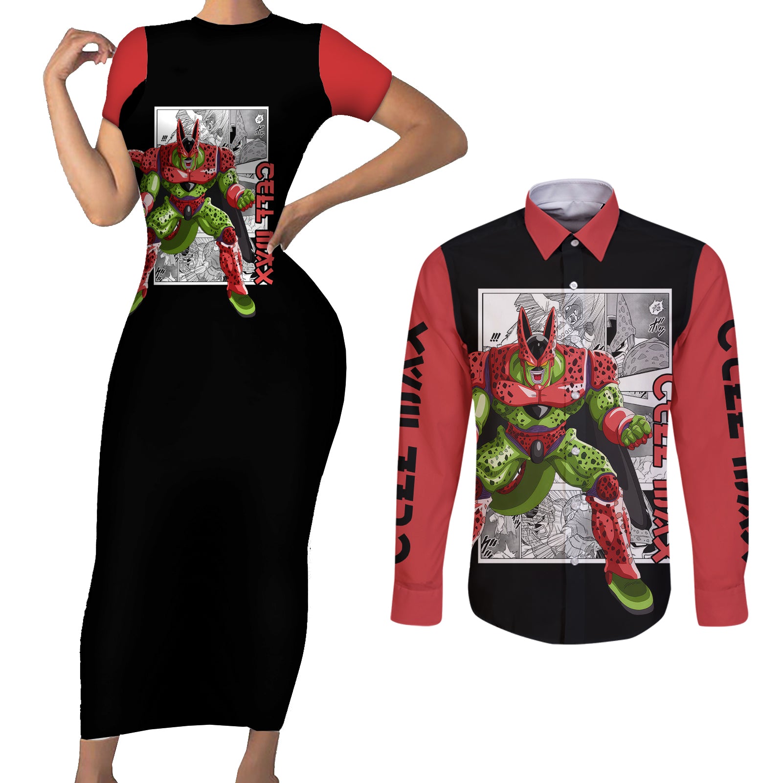Cell Max Couples Matching Short Sleeve Bodycon Dress and Long Sleeve Button Shirt Dragon Ball Mix Anime Manga