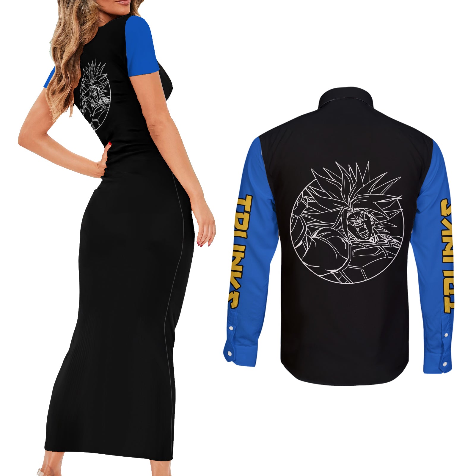 Future Trunks Ultra SSJ Couples Matching Short Sleeve Bodycon Dress and Long Sleeve Button Shirt Dragon Ball