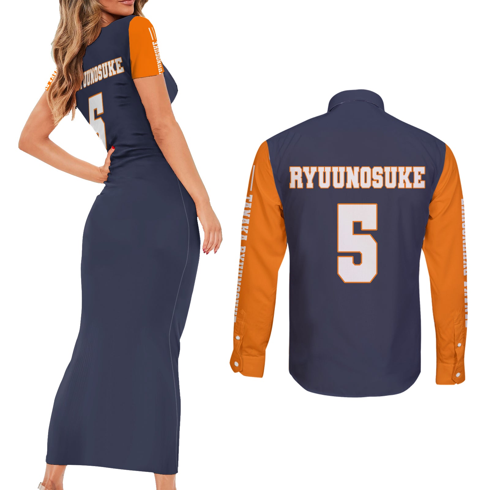 Karasuno Tanaka Couples Matching Short Sleeve Bodycon Dress and Long Sleeve Button Shirt Haikyu
