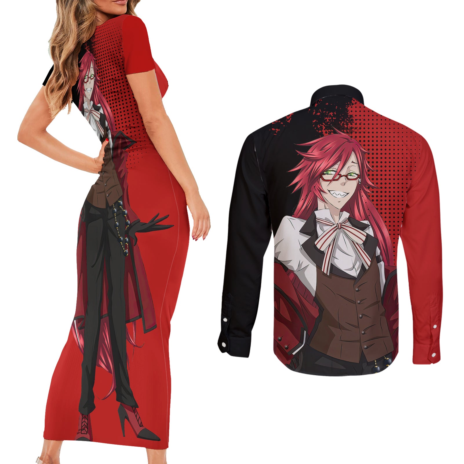 Grell Sutcliff Couples Matching Short Sleeve Bodycon Dress and Long Sleeve Button Shirt Black Butler