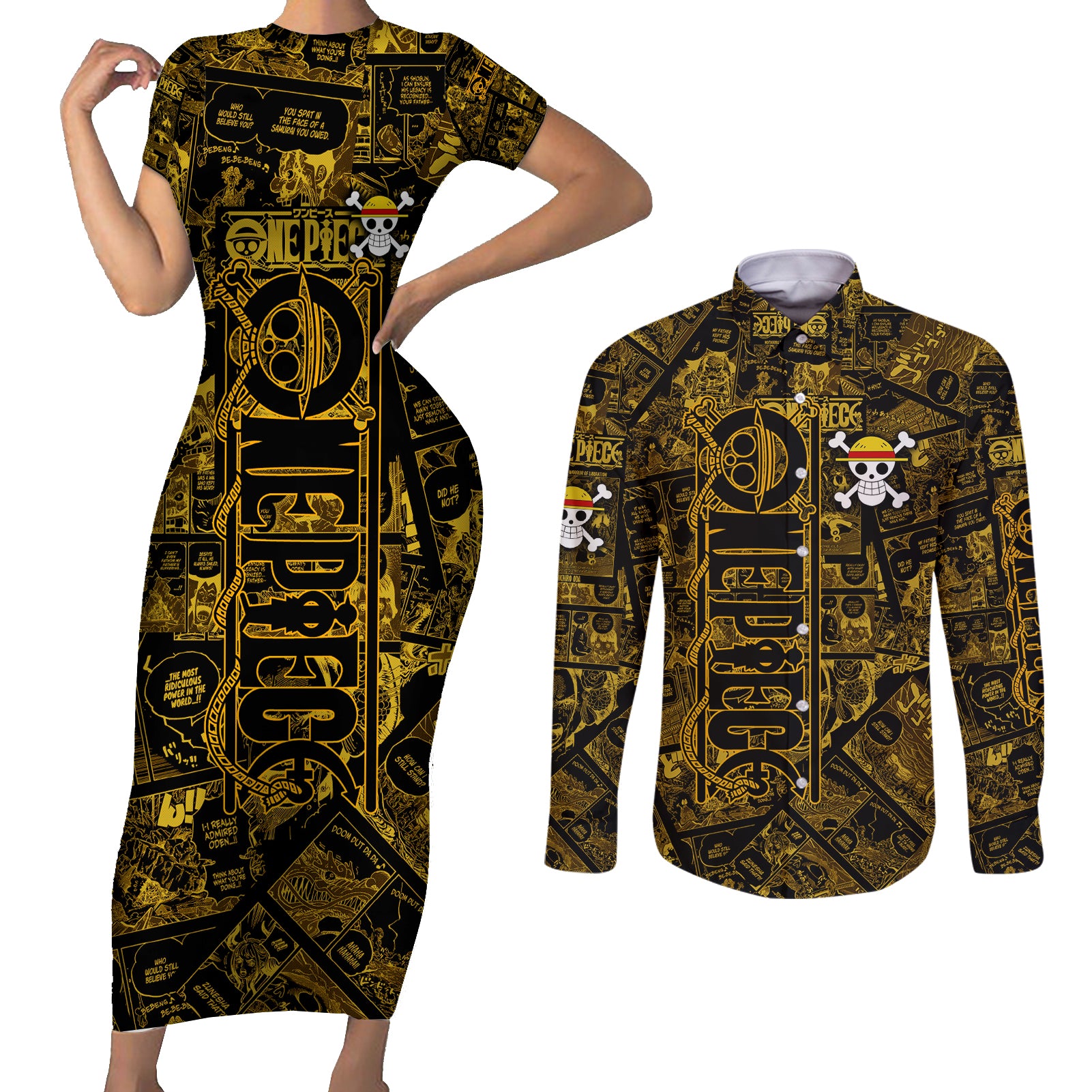 Luffy - Zoro - Sanji One Piece Couples Matching Short Sleeve Bodycon Dress and Long Sleeve Button Shirt Manga Style
