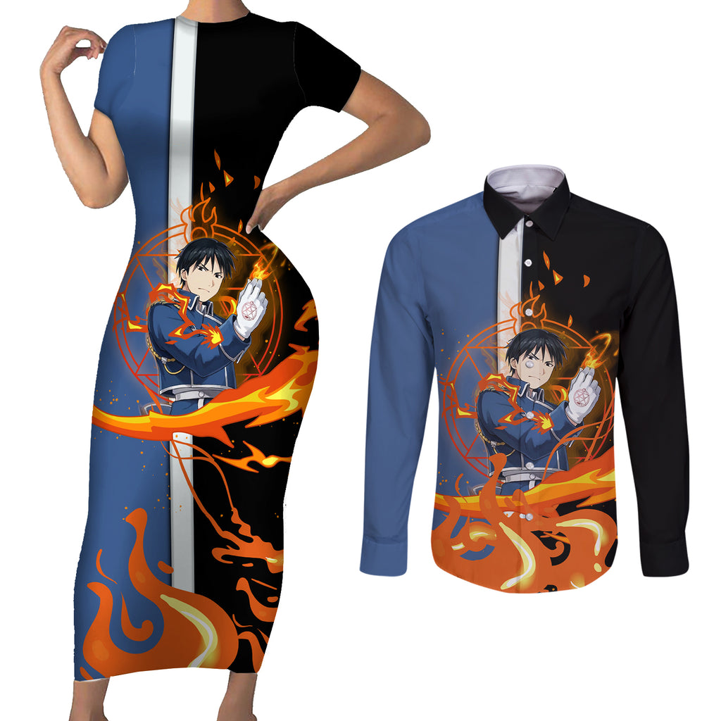 Mustang Roy Fulmetal Achemist Couples Matching Short Sleeve Bodycon Dress and Long Sleeve Button Shirt Anime Style