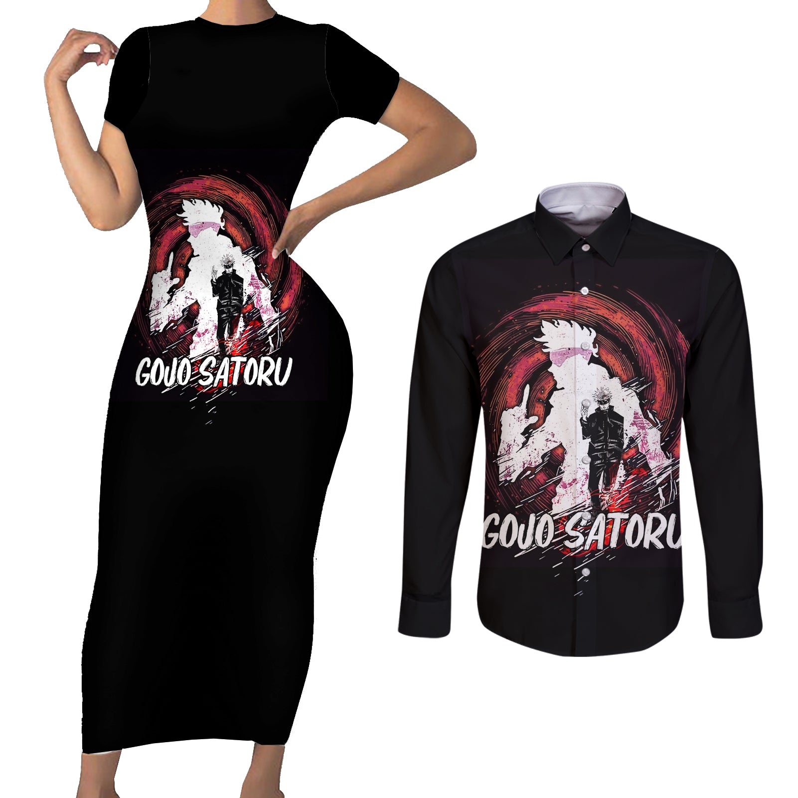 Gojo Satoru - Jujutsu Kaisen Couples Matching Short Sleeve Bodycon Dress and Long Sleeve Button Shirt Anime Mix Galaxy Style