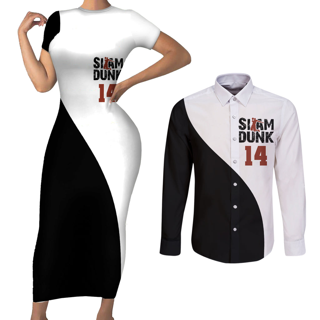 Hisashi Mitsui Number 14 - Slam Dunk Couples Matching Short Sleeve Bodycon Dress and Long Sleeve Button Shirt Anime Mix Black And White Style