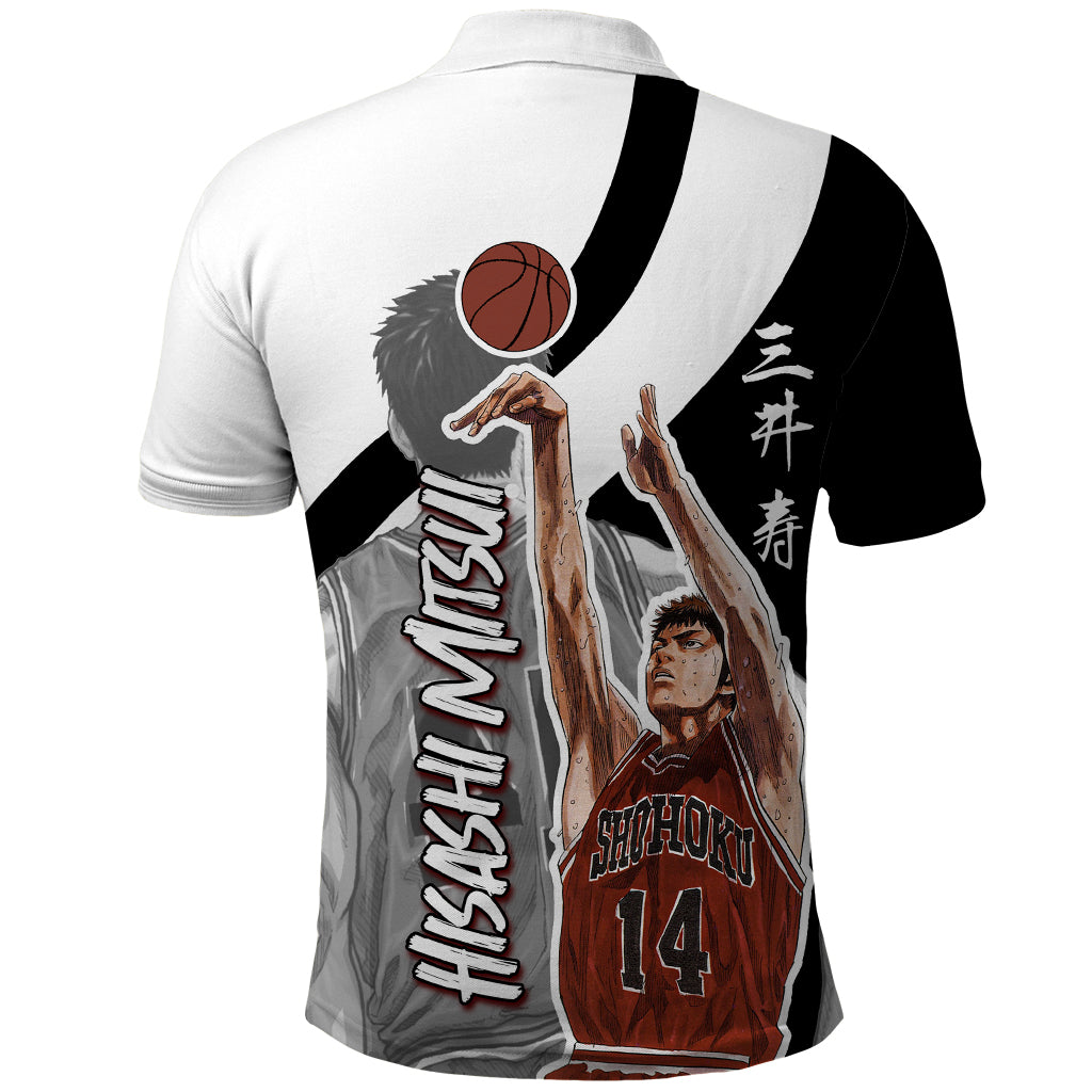 Hisashi Mitsui Number 14 - Slam Dunk Polo Shirt Anime Mix Black And White Style