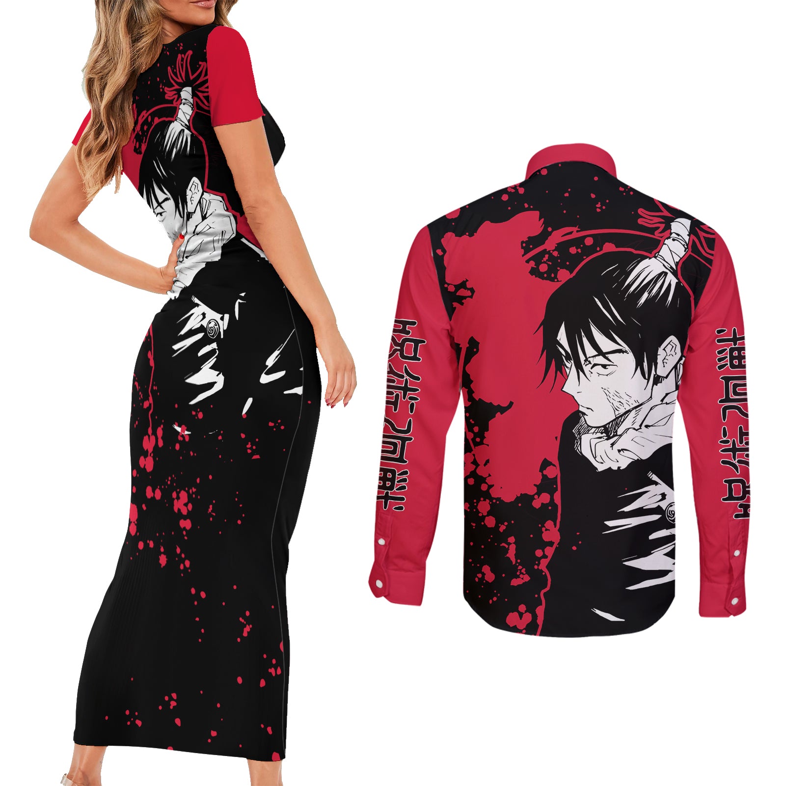 Kokichi Muta Jujutsu Kaisen Couples Matching Short Sleeve Bodycon Dress and Long Sleeve Button Shirt Manga Style Art