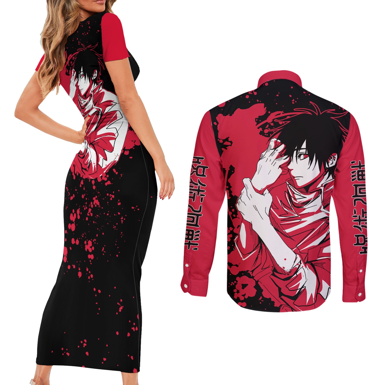 Yuta Okkotsu Jujutsu Kaisen Couples Matching Short Sleeve Bodycon Dress and Long Sleeve Button Shirt Manga Style Art