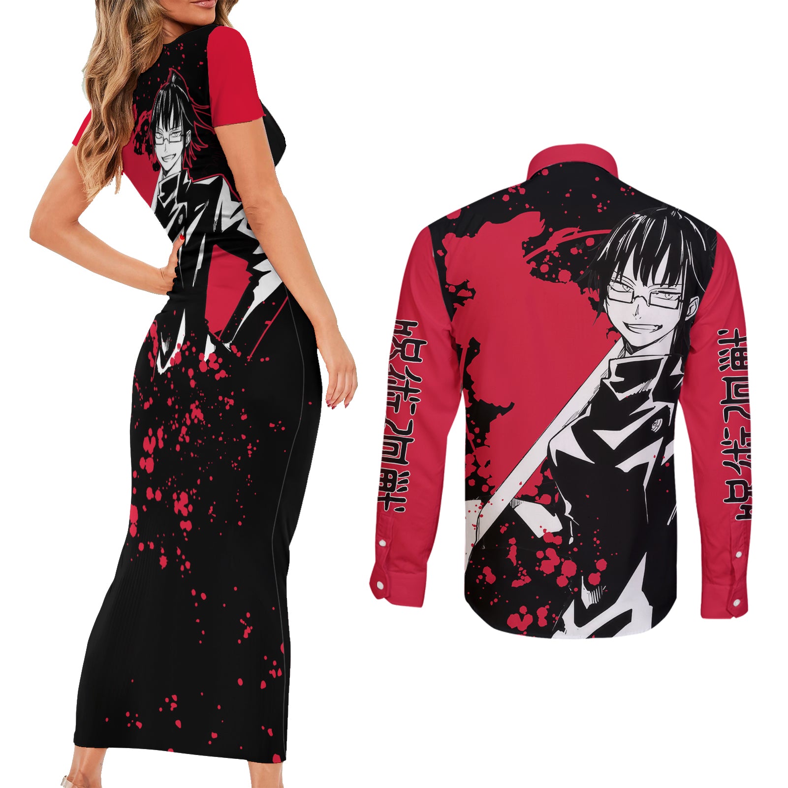 Maki Zenin Jujutsu Kaisen Couples Matching Short Sleeve Bodycon Dress and Long Sleeve Button Shirt Manga Style Art