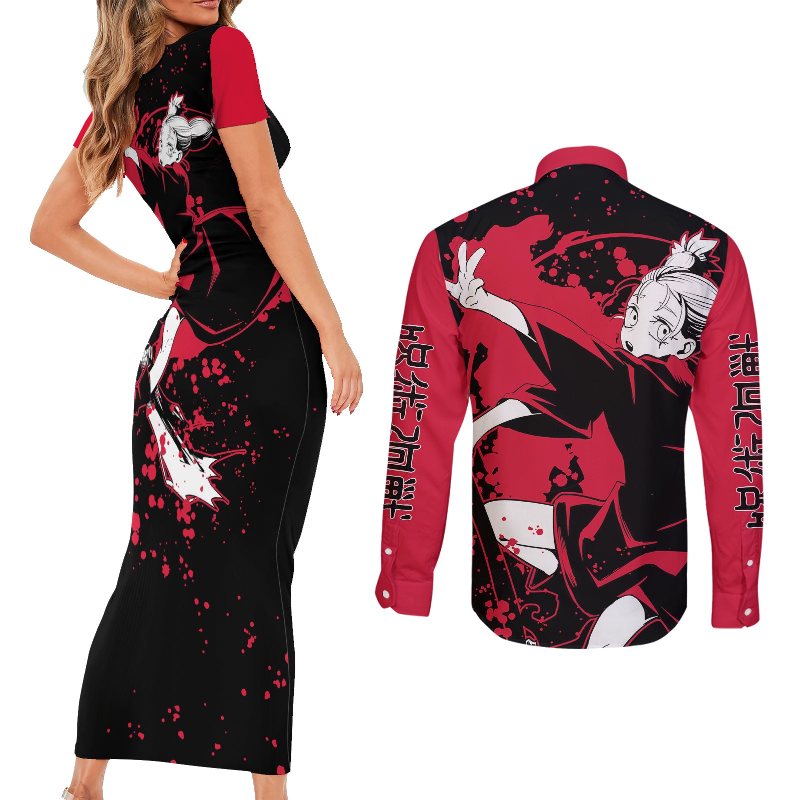 Momo Nishimiya Jujutsu Kaisen Couples Matching Short Sleeve Bodycon Dress and Long Sleeve Button Shirt Manga Style Art