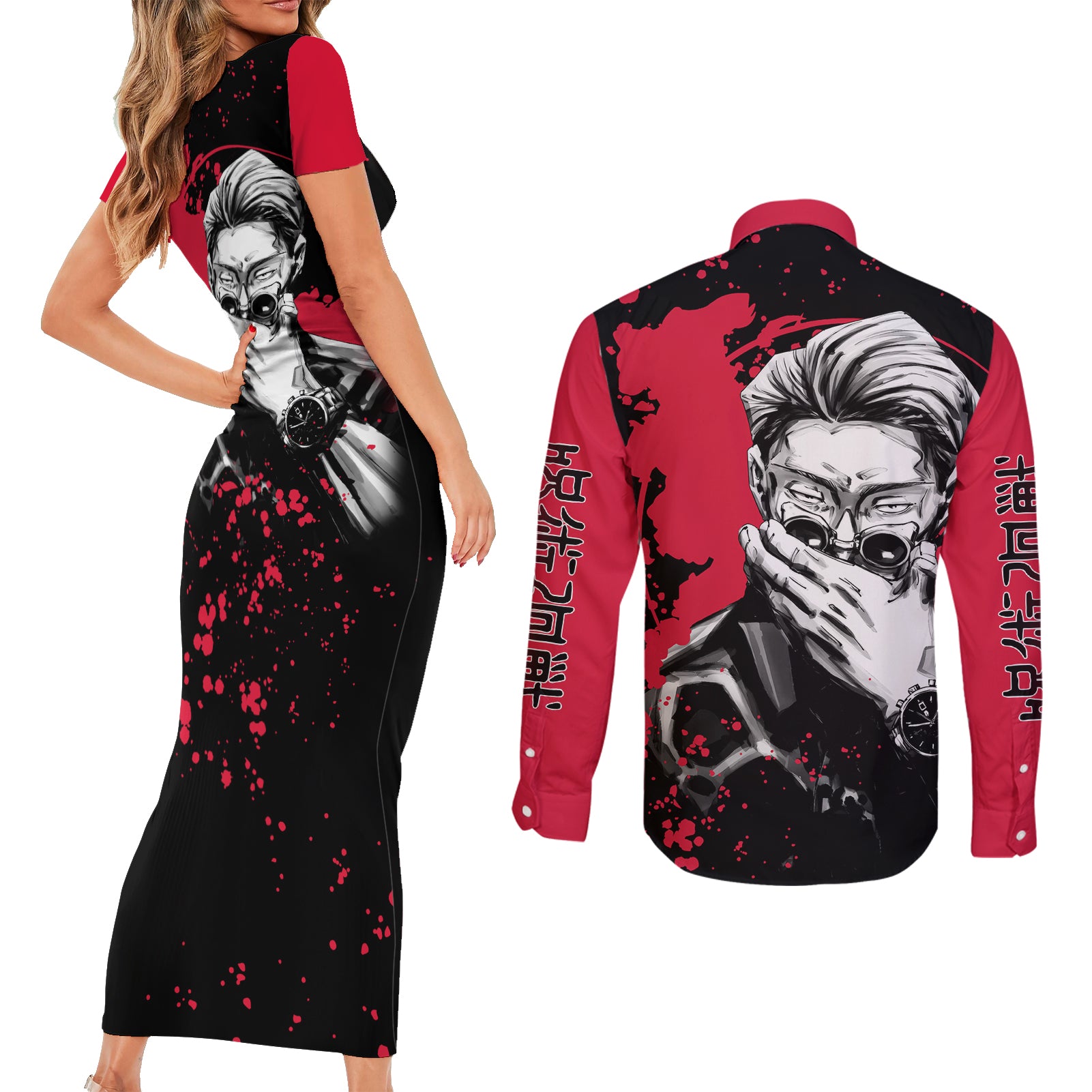 Kento Nanami Jujutsu Kaisen Couples Matching Short Sleeve Bodycon Dress and Long Sleeve Button Shirt Manga Style Art