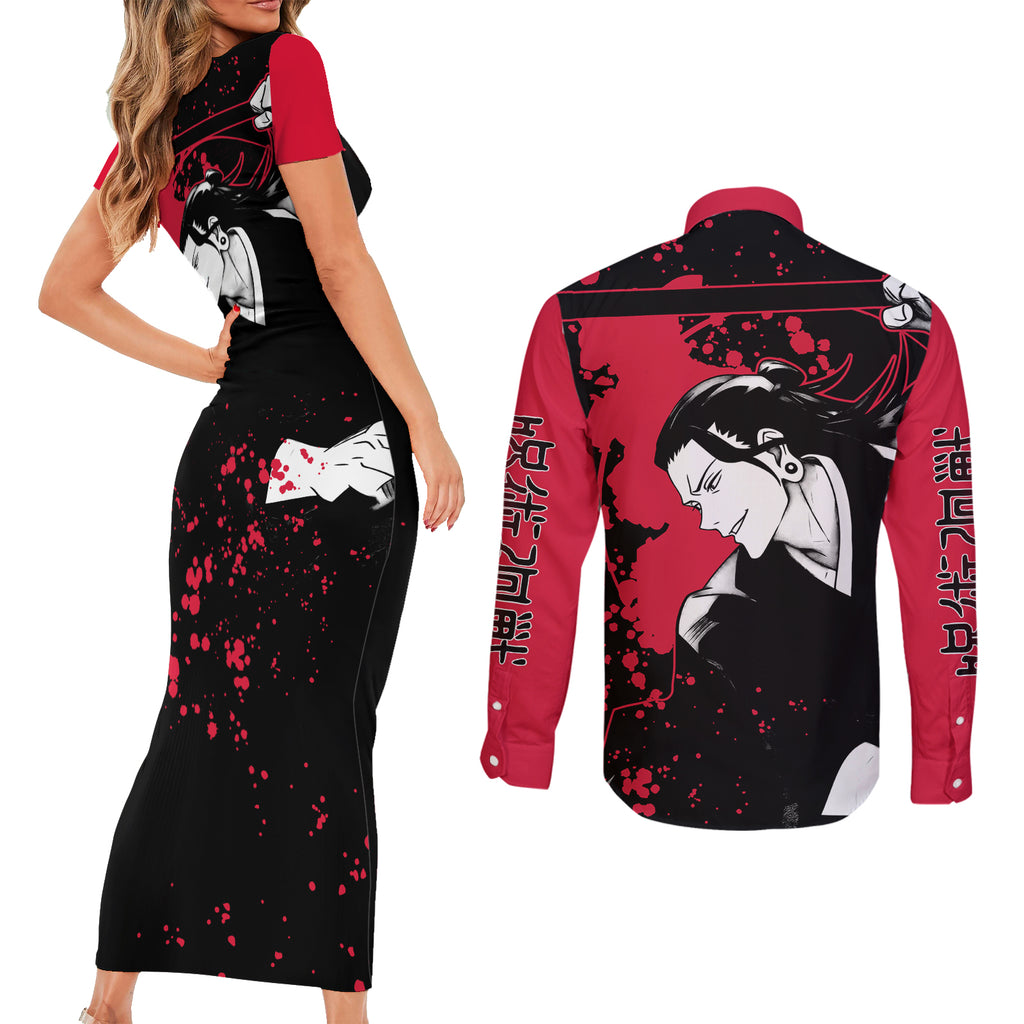 Suguru Geto Jujutsu Kaisen Couples Matching Short Sleeve Bodycon Dress and Long Sleeve Button Shirt Manga Style Art