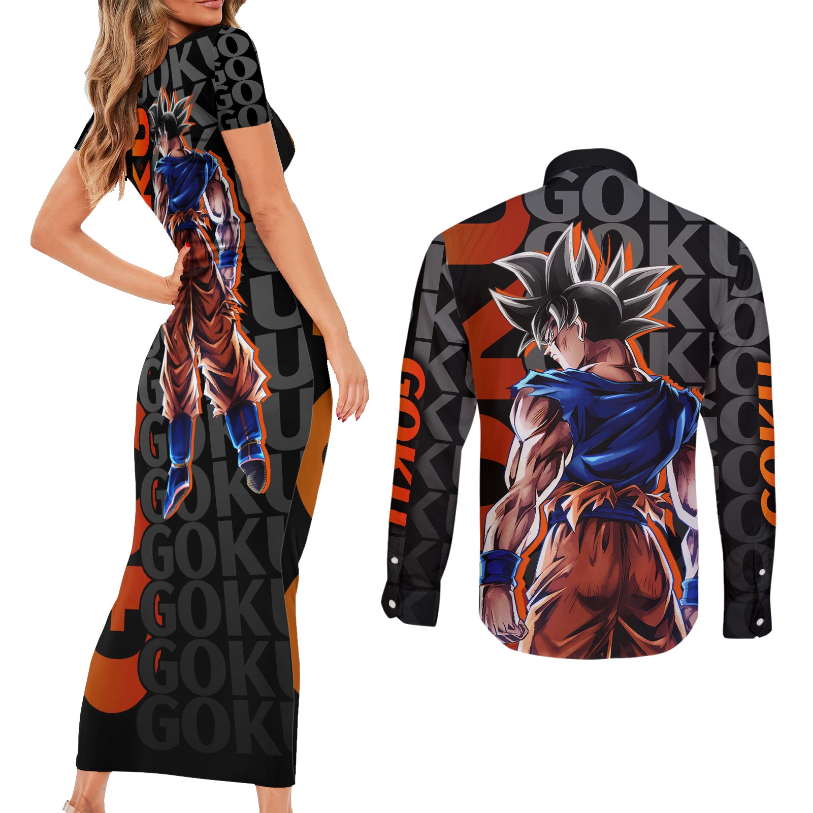 Goku Dragon Ball Couples Matching Short Sleeve Bodycon Dress and Long Sleeve Button Shirt Anime Mix Text Pattern Abstract Style