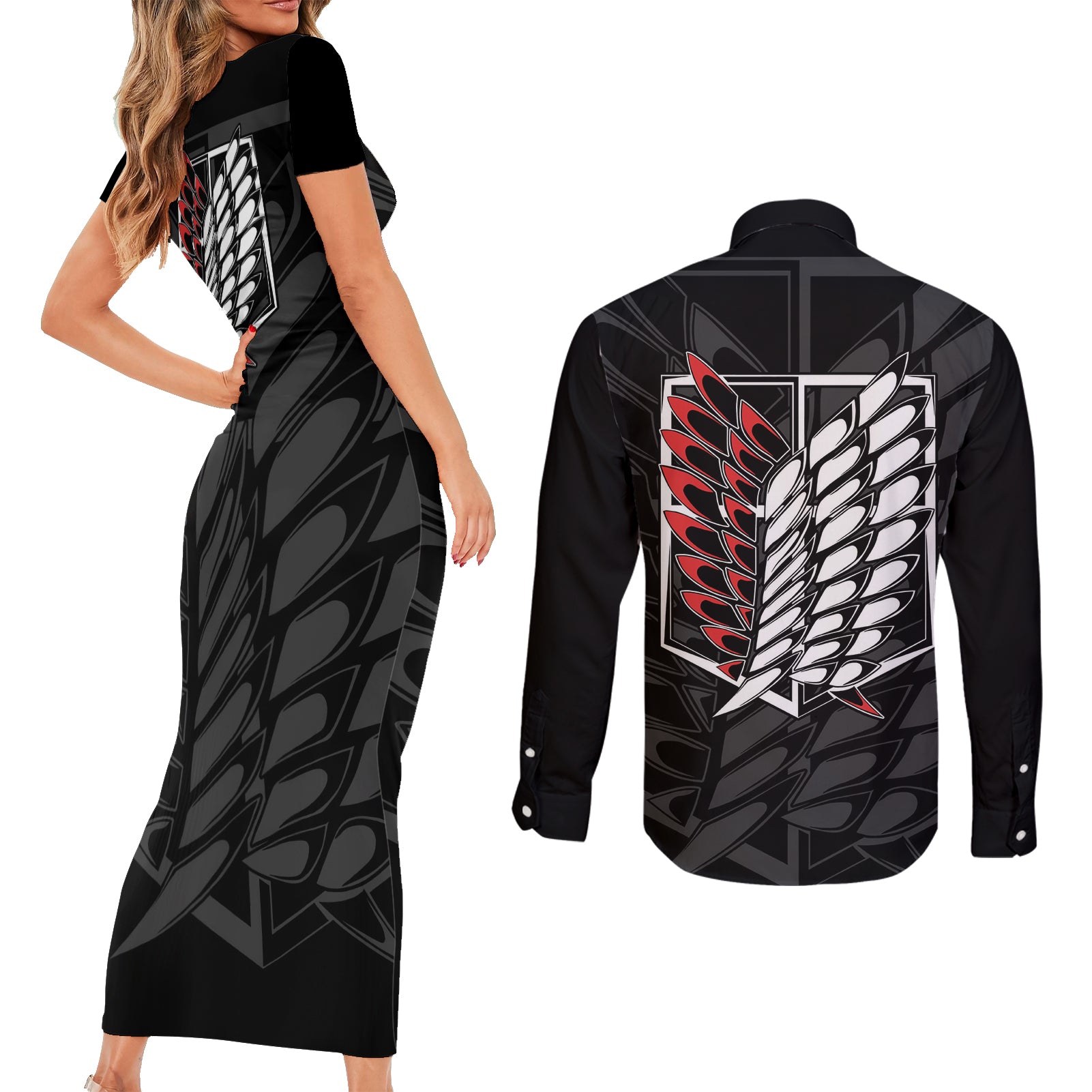 Atack On Titan Character Couples Matching Short Sleeve Bodycon Dress and Long Sleeve Button Shirt Anime Mix Manga Style