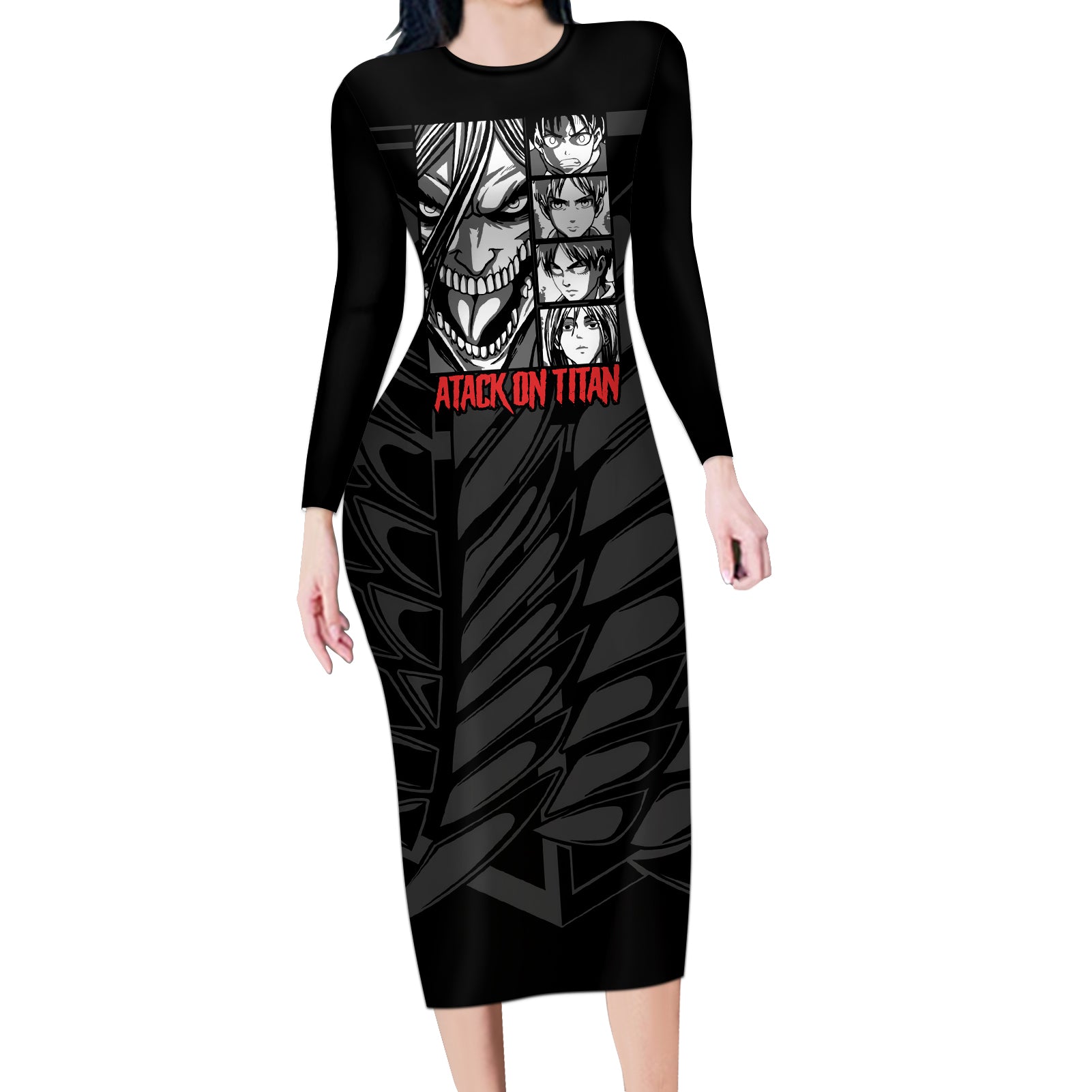 Atack On Titan Character Long Sleeve Bodycon Dress Anime Mix Manga Style