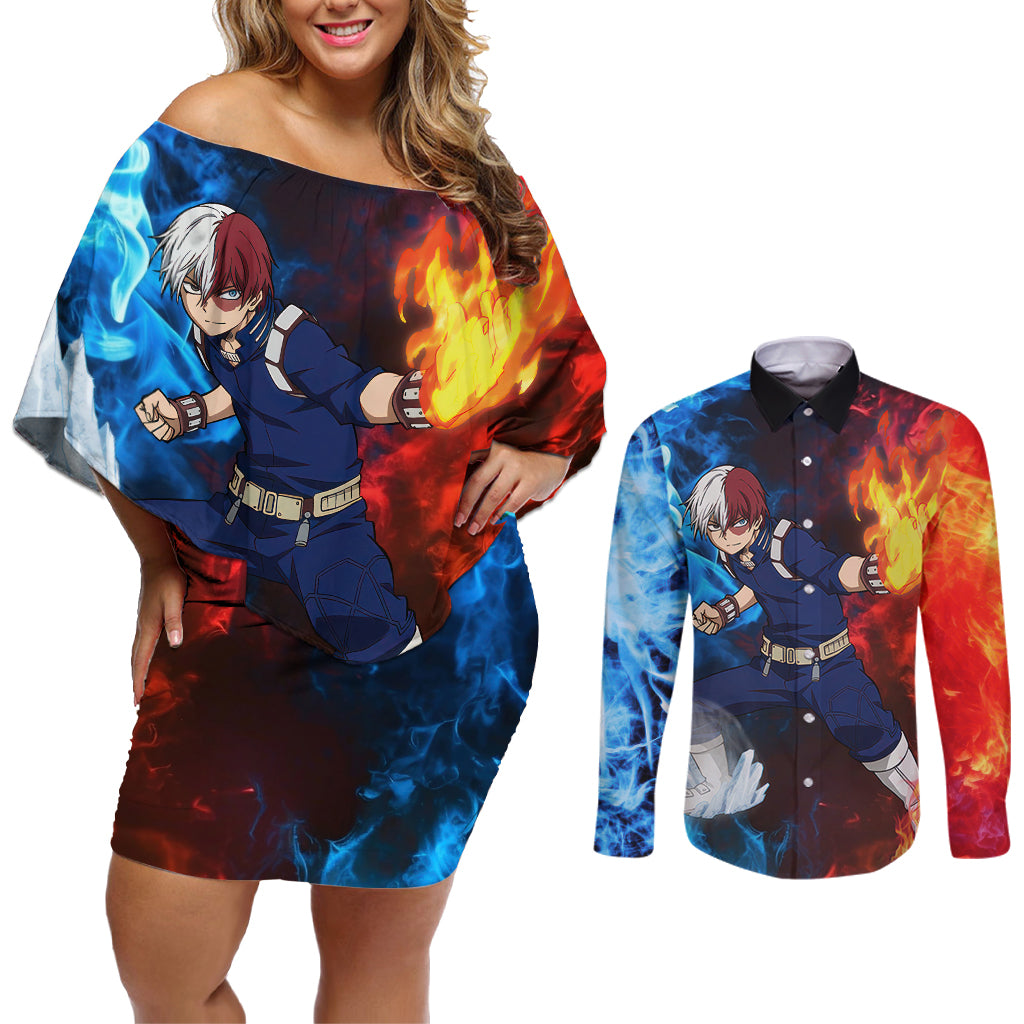 Shoto Todoroki - My Hero Academia Couples Matching Off Shoulder Short Dress and Long Sleeve Button Shirt Anime Style