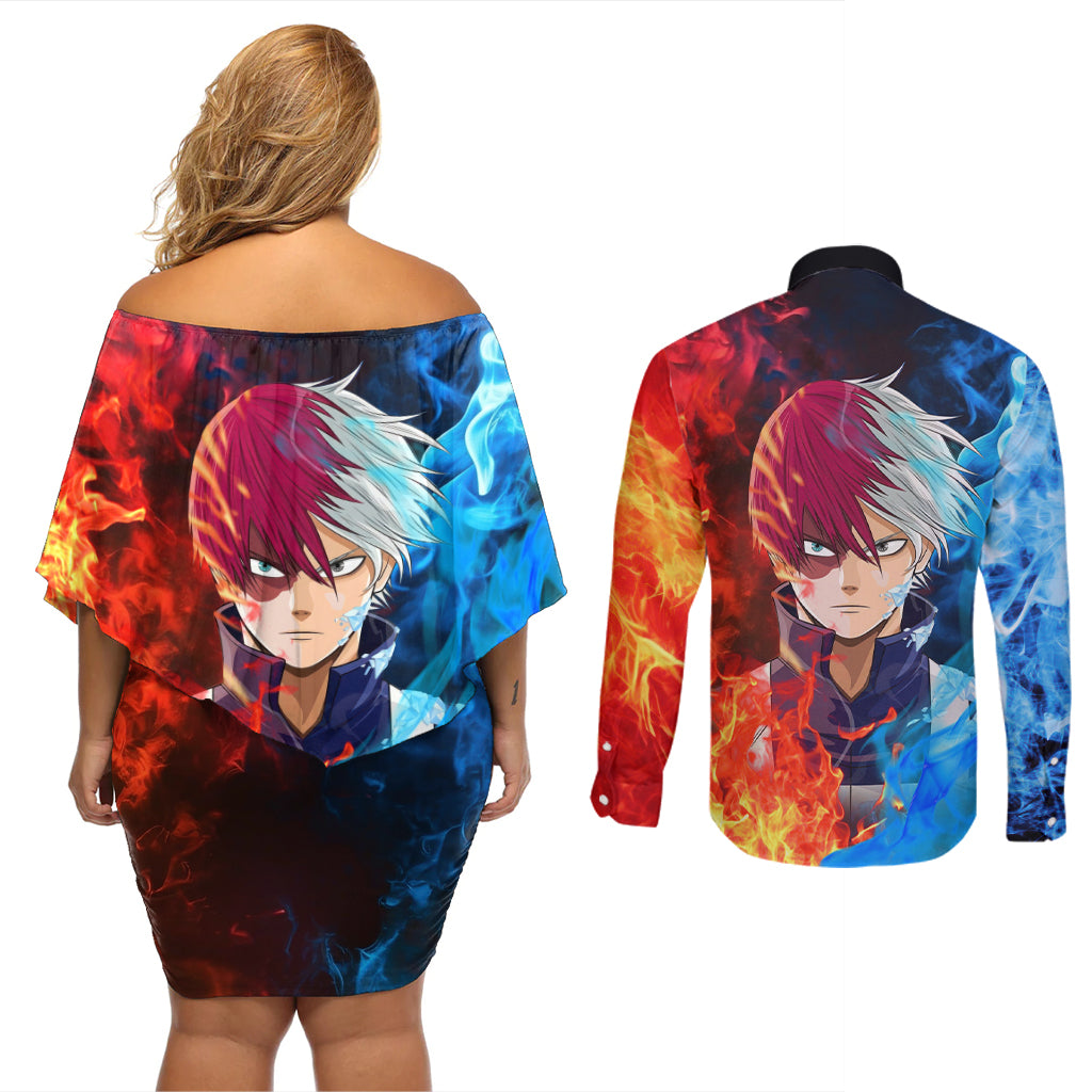 Shoto Todoroki - My Hero Academia Couples Matching Off Shoulder Short Dress and Long Sleeve Button Shirt Anime Style
